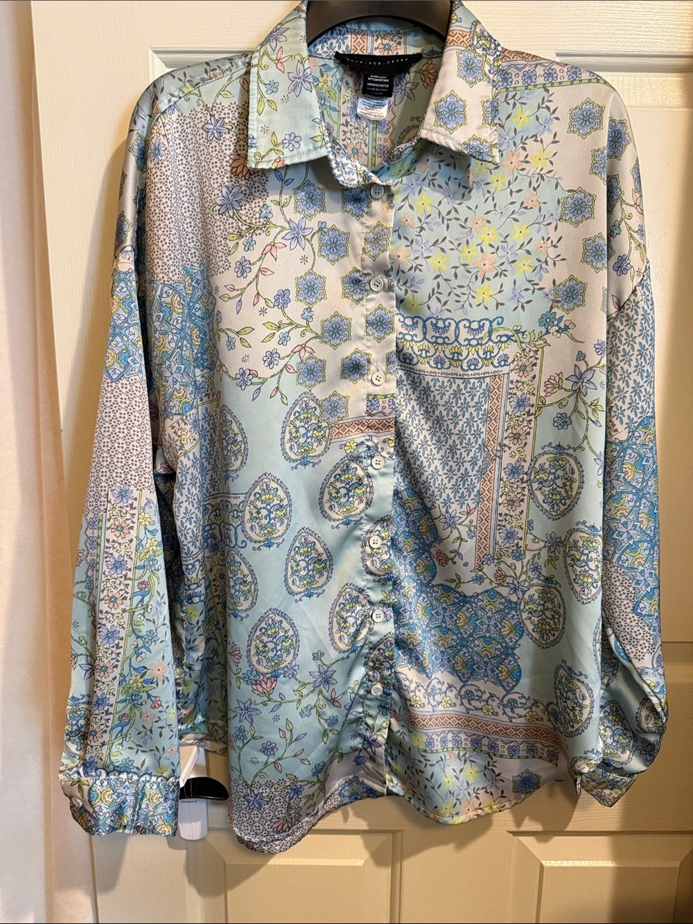 Light Blue Paisley & Floral Patchwork Button-Down Satiny feel Shirt